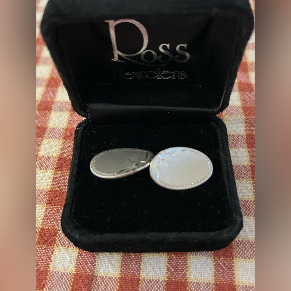 Vintage Ross Jewelers Oval Cufflinks Silver Tone Etched with Flower Design